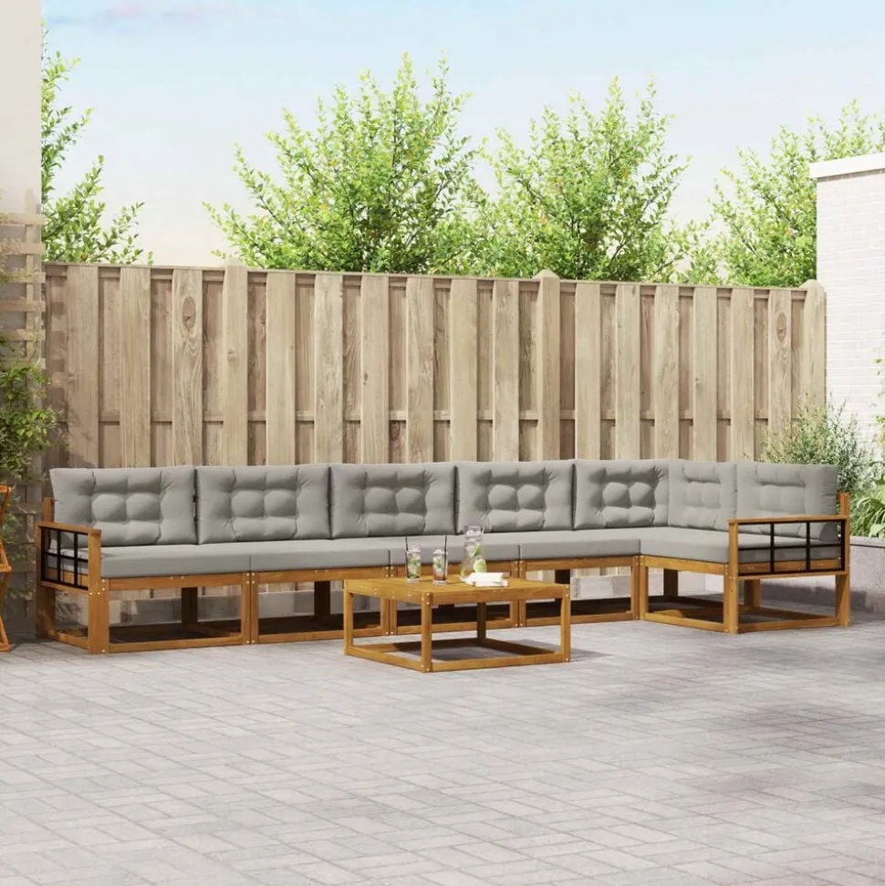 vidaXL Buiten bankenset met kussen 7 pcs Natuurlijk en Lichtgrijs