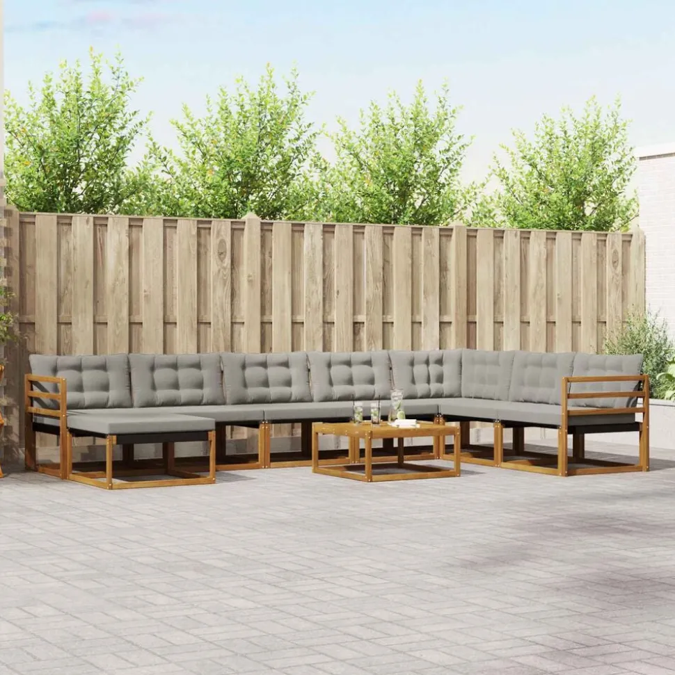 vidaXL Buiten bankenset met kussen 9 pcs Natuurlijk en Lichtgrijs