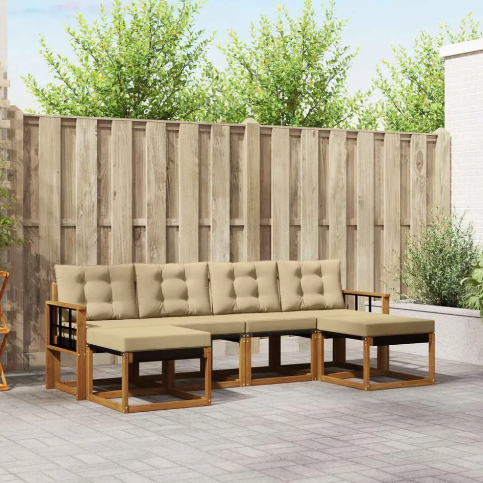 vidaXL Buiten bankenset met kussen 6 pcs Natuurlijk en Beige