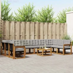 vidaXL Buiten bankenset met kussen 11 pcs Natuurlijk en Lichtgrijs