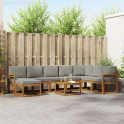 vidaXL Buiten bankenset met kussen 9 pcs Natuurlijk en Lichtgrijs