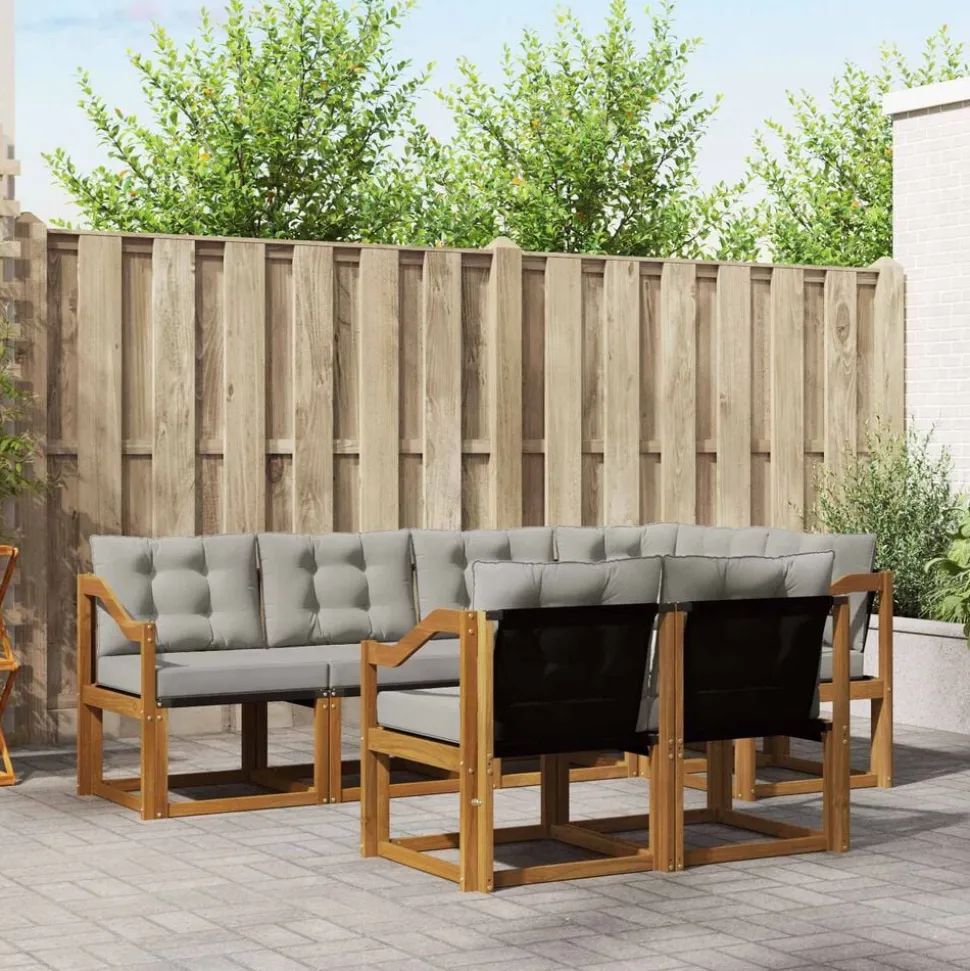 vidaXL Buiten bankenset met kussen 7 pcs Natuurlijk en Lichtgrijs
