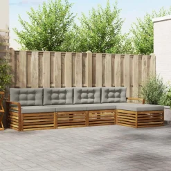 vidaXL Buiten bankenset met kussen 5 pcs Natuurlijk en Lichtgrijs