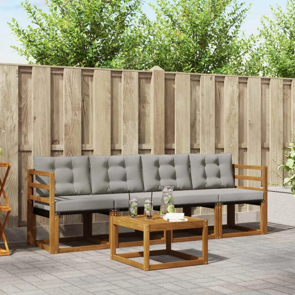 vidaXL Buiten bankenset met kussen 5 pcs Natuurlijk en Lichtgrijs
