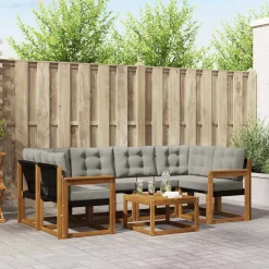 vidaXL Buiten bankenset met kussen 7 pcs Natuurlijk en Lichtgrijs