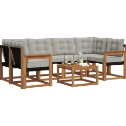 vidaXL Buiten bankenset met kussen 7 pcs Natuurlijk en Lichtgrijs