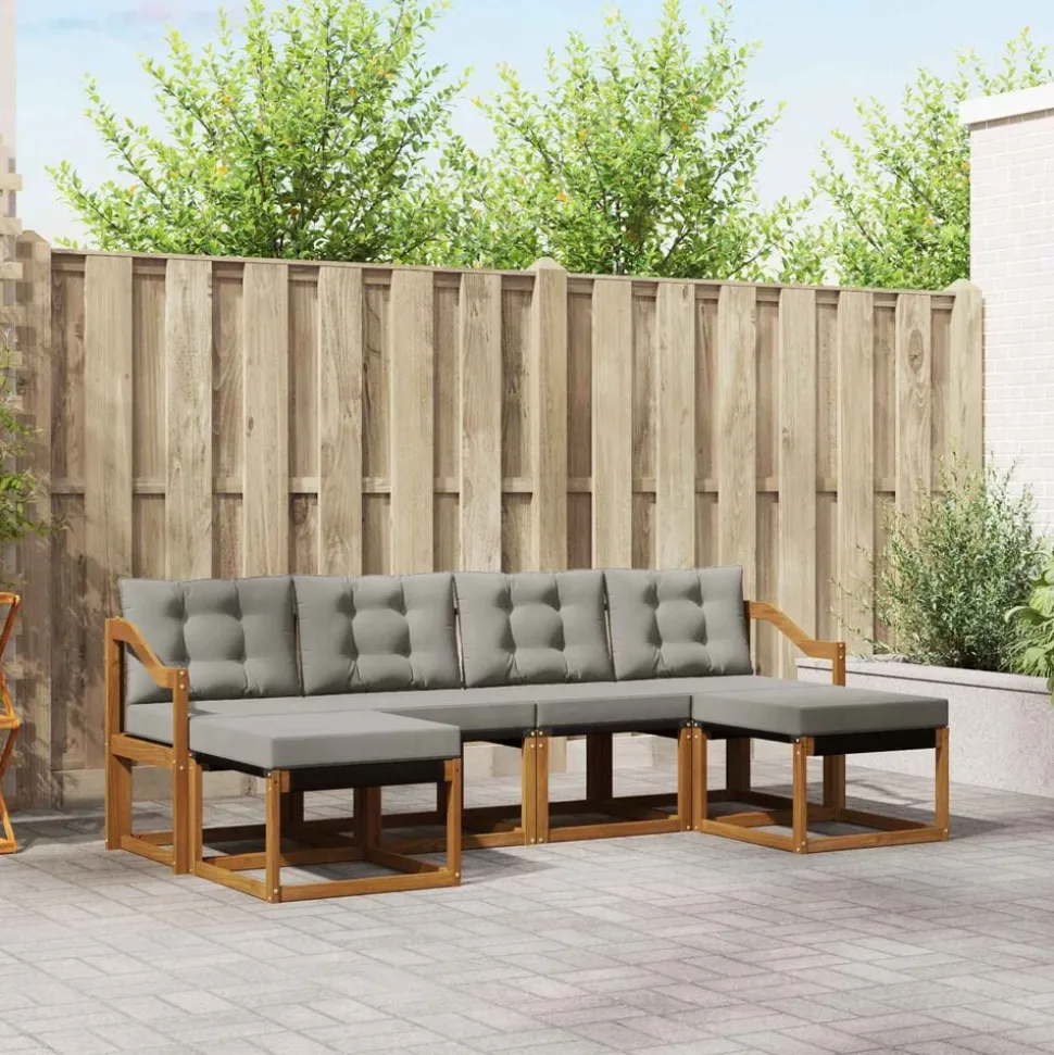 vidaXL Buiten bankenset met kussen 6 pcs Natuurlijk en Lichtgrijs