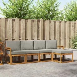 vidaXL Buiten bankenset met kussen 5 pcs Natuurlijk en Lichtgrijs
