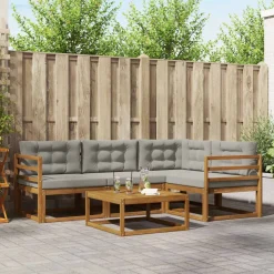 vidaXL Buiten bankenset met kussen 5 pcs Natuurlijk en Lichtgrijs