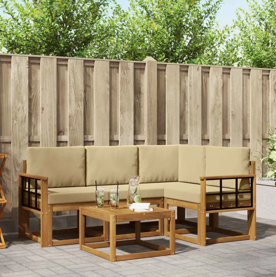 vidaXL Buiten bankenset met kussen 5 pcs Natuurlijk en Beige