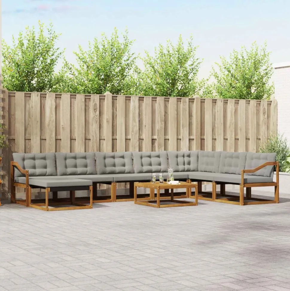 vidaXL Buiten bankenset met kussen 9 pcs Natuurlijk en Lichtgrijs