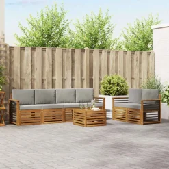 vidaXL Buiten bankenset met kussen 7 pcs Natuurlijk en Lichtgrijs