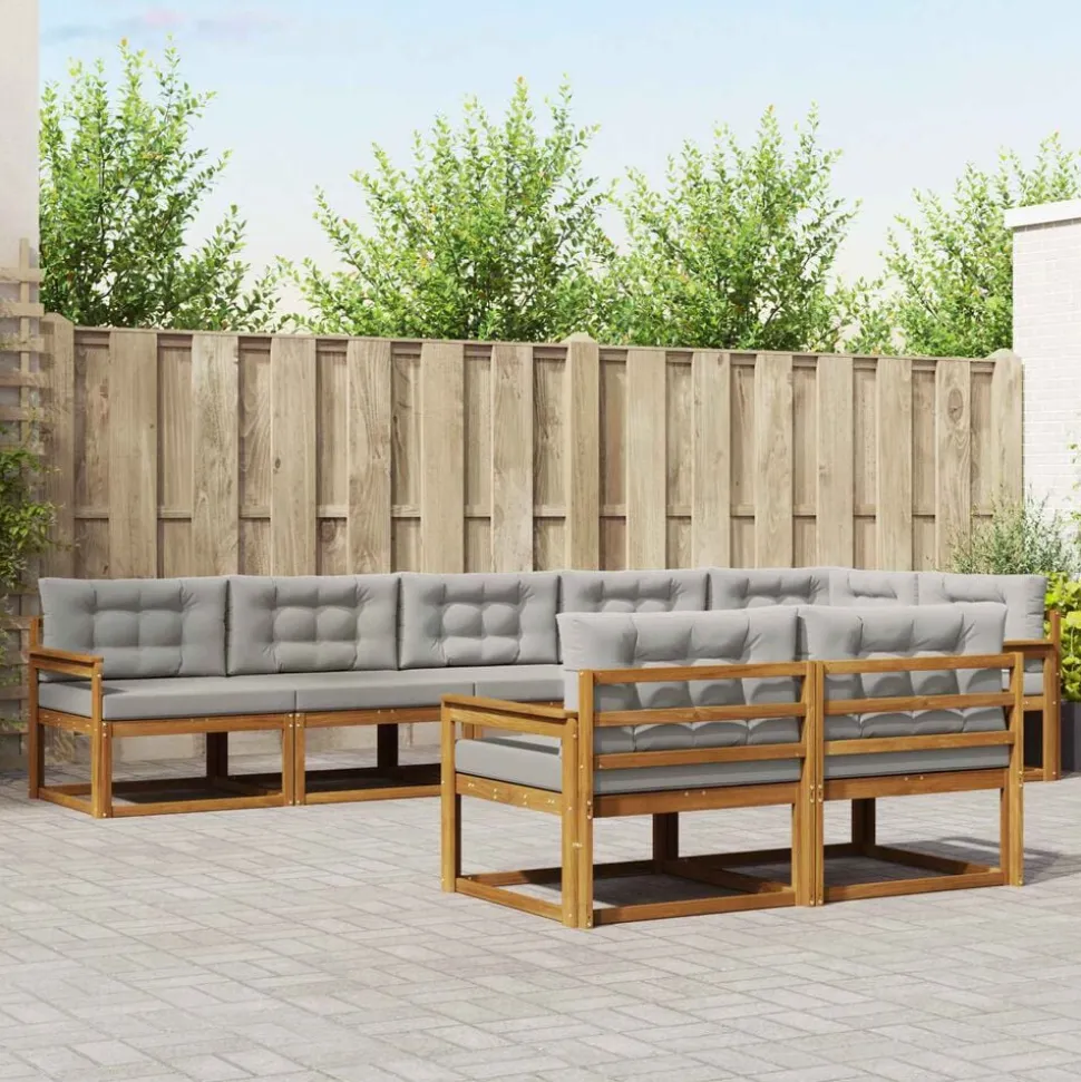 vidaXL Buiten bankenset met kussen 8 pcs Natuurlijk en Lichtgrijs