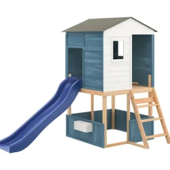 vidaXL Buitenspeelset massief sparrenhout wit en blauw