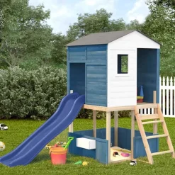 vidaXL Buitenspeelset massief sparrenhout wit en blauw