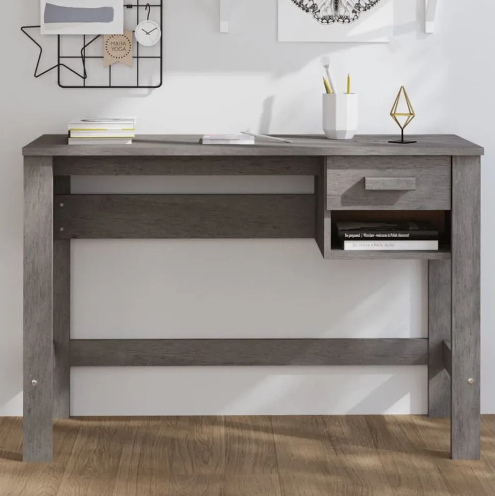 vidaXL Bureau HAMAR 110x40x75 cm massief grenenhout lichtgrijs