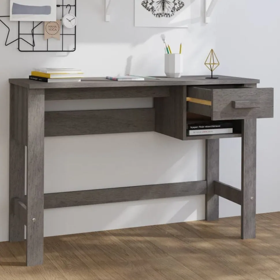 vidaXL Bureau HAMAR 110x40x75 cm massief grenenhout lichtgrijs