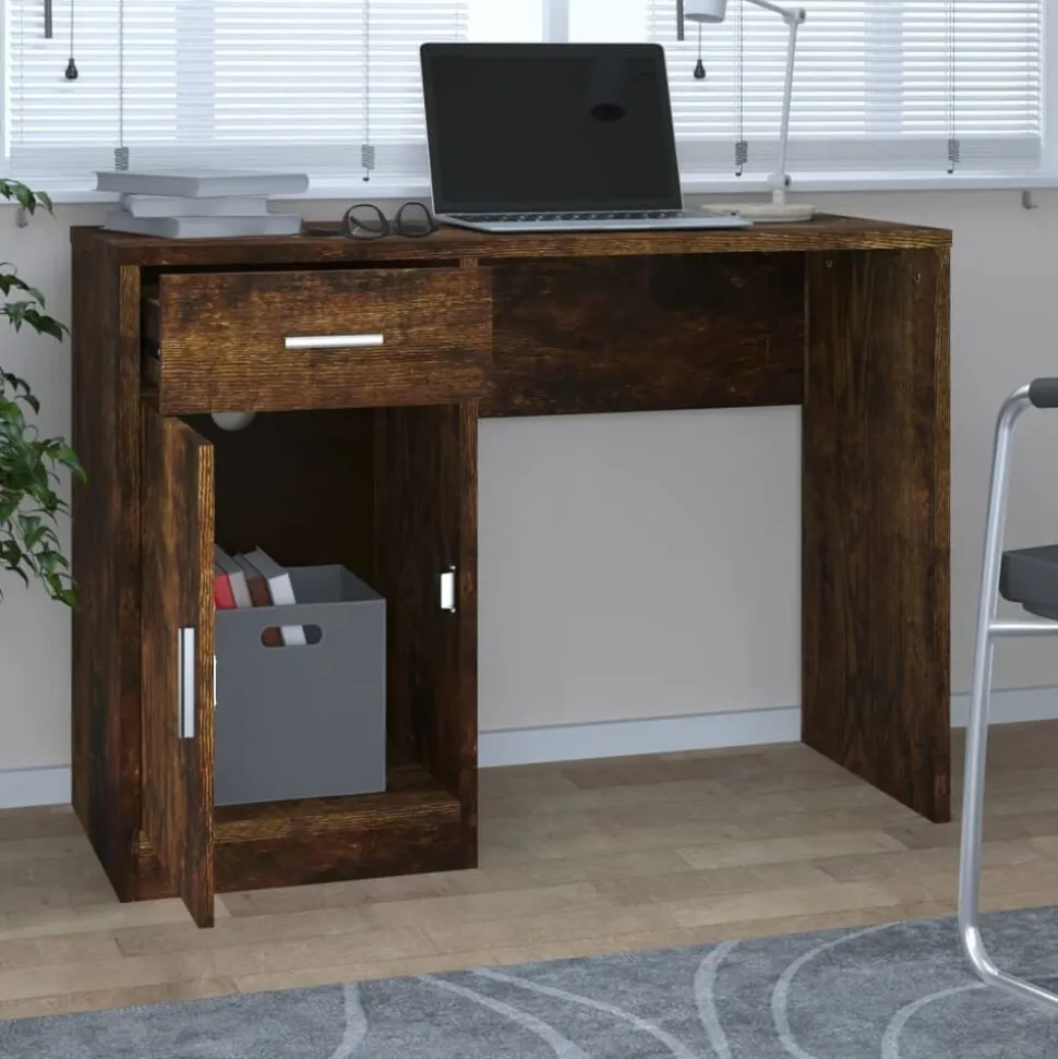vidaXL Bureau met kast en lade 100x40x73 cm bewerkt hout gerookt eiken