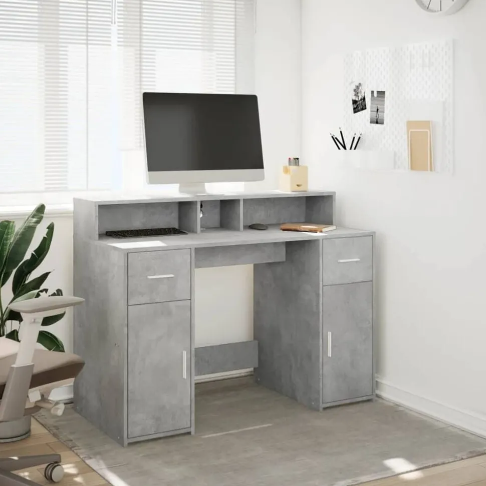 vidaXL Bureau met LED-verlichting 120x55x91 cm bewerkt hout betongrijs