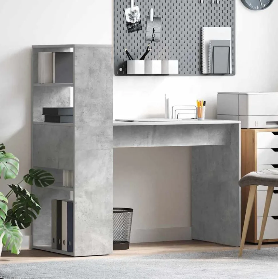 vidaXL Bureau met plank Beton Grijs 113 x 54 x 120 cm Bewerkt hout
