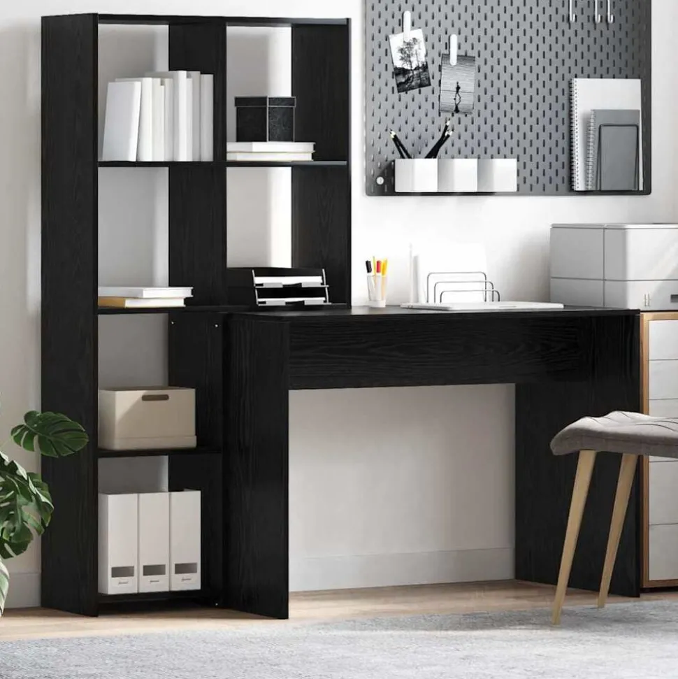 vidaXL Bureau met plank Zwart Eiken 138,5 x 55 x 143 cm Bewerkt hout