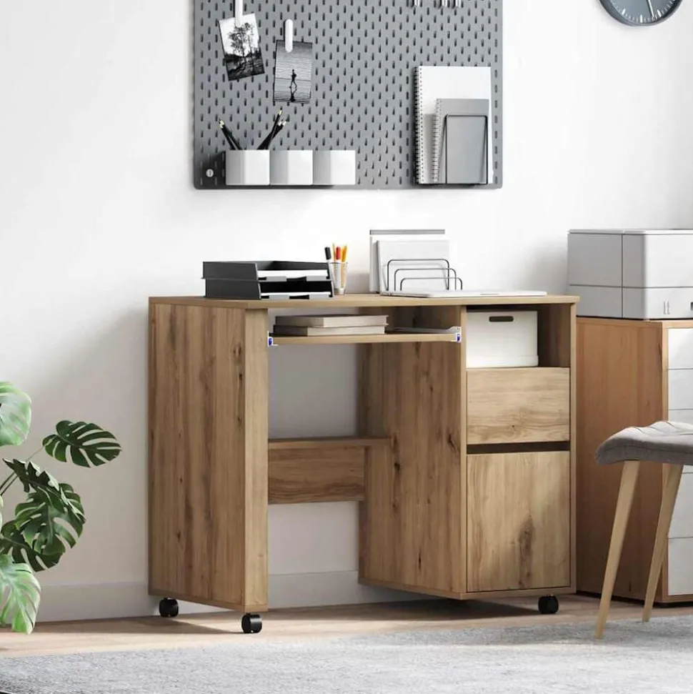 vidaXL Bureau met Wielen Artisan Eiken 91 x 50 x 77 cm Bewerkt hout