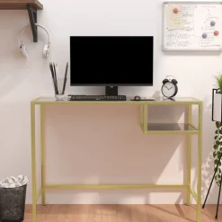 vidaXL Computerbureau 100x36x74 cm gehard glas zwartmarmerkleurig
