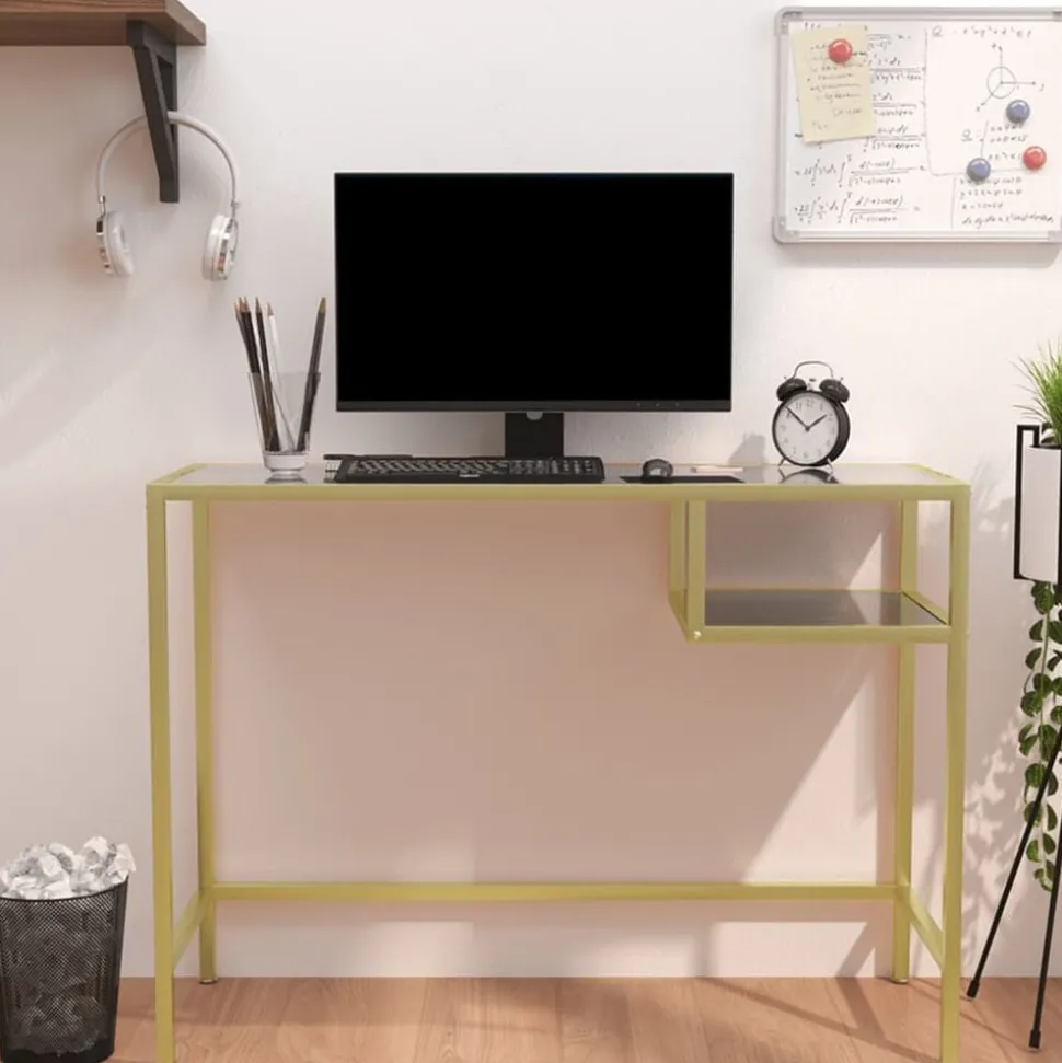 vidaXL Computerbureau 100x36x74 cm gehard glas zwartmarmerkleurig