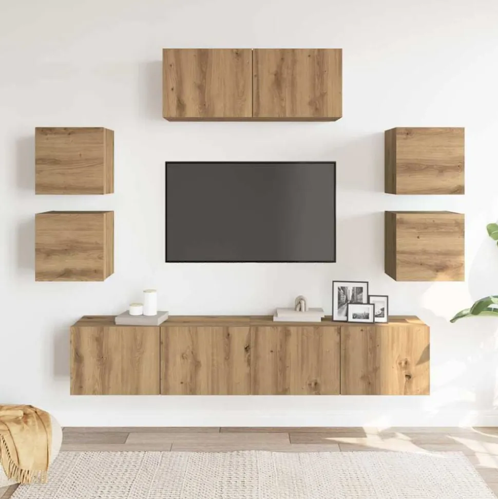 vidaXL 7-delig Tv-meubelset wandmontage bewerkt hout artisanaal eiken