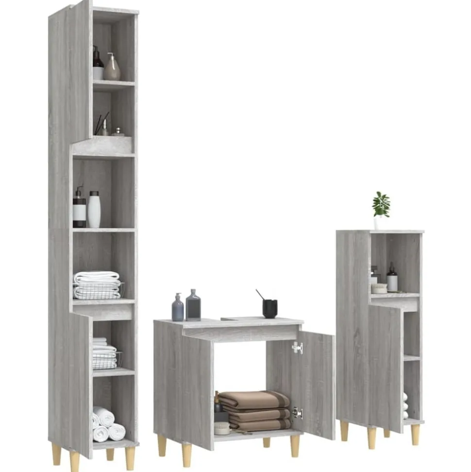 vidaXL 3-delige Badkamermeubelset bewerkt hout grijs sonoma eikenkleur