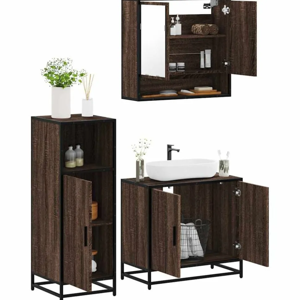 vidaXL 3-delige Badkamermeubelset bewerkt hout bruin eikenkleur