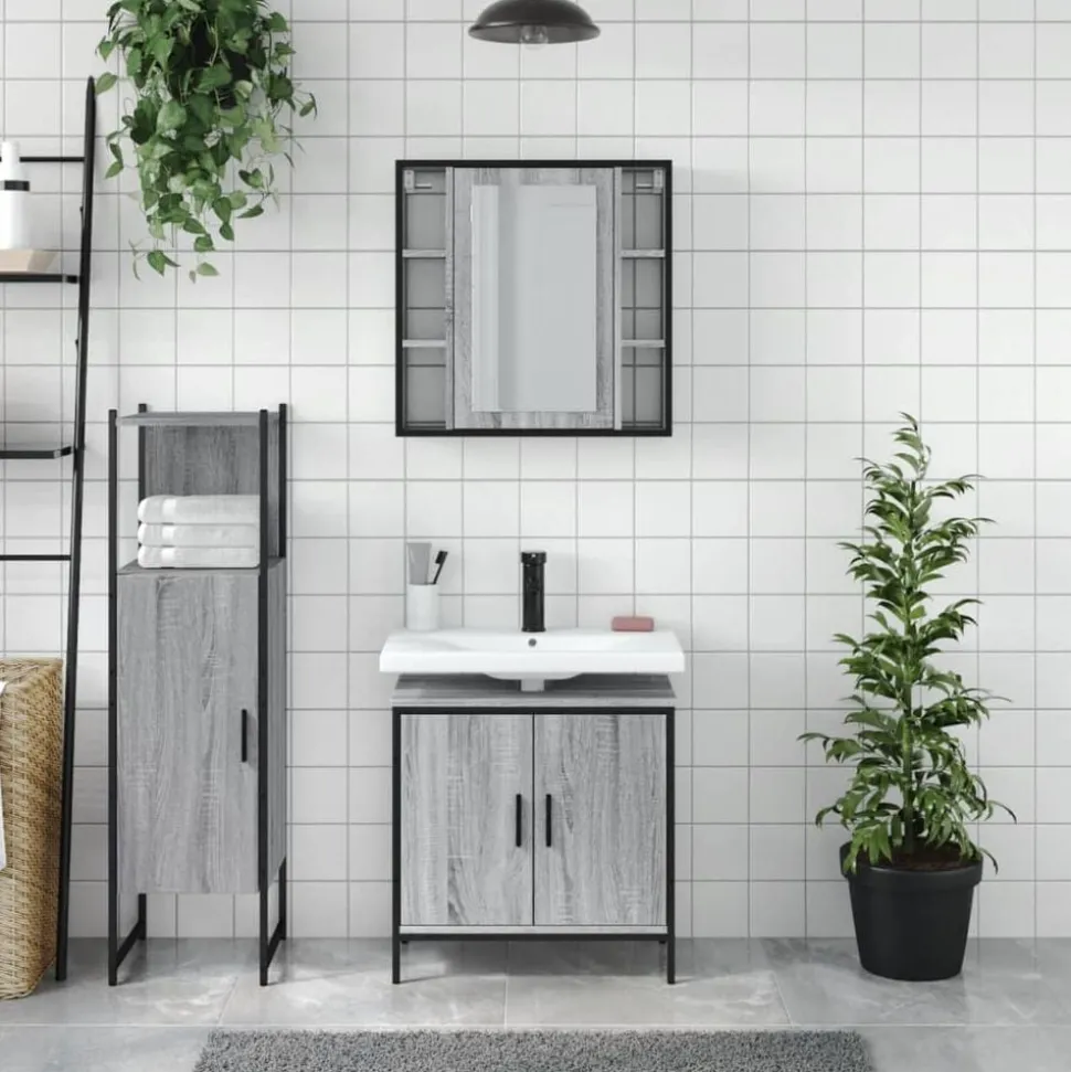 vidaXL 3-delige Badkamermeubelset bewerkt hout grijs sonoma eikenkleur