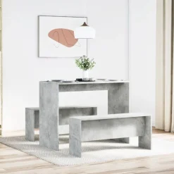 vidaXL 3-delige Eettafel en bankenset bewerkt hout betongrijs