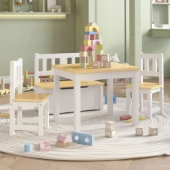vidaXL 4-delige Kindertafel- en stoelenset MDF wit en beige