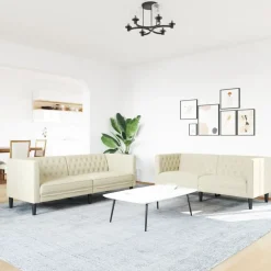 vidaXL 2-delige Loungeset Chesterfield-stijl kunstleer crèmekleurig
