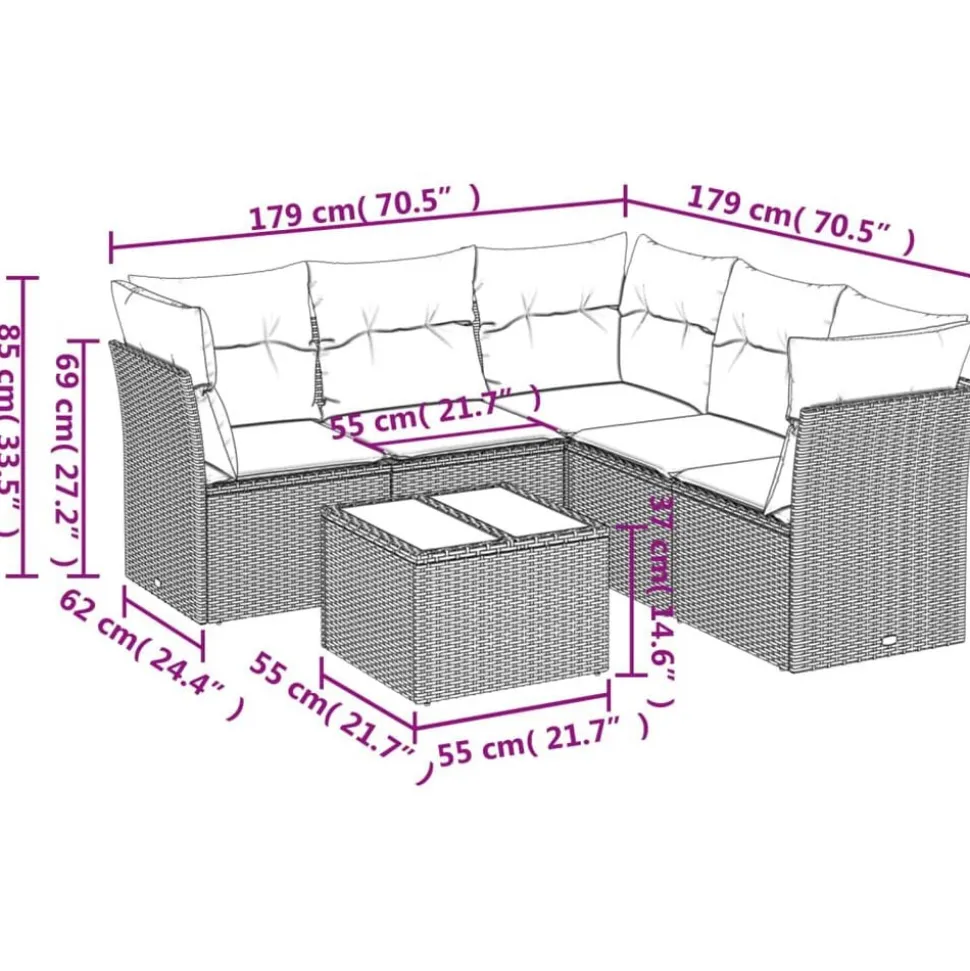 vidaXL 6-delige Loungeset met kussens poly rattan zwart