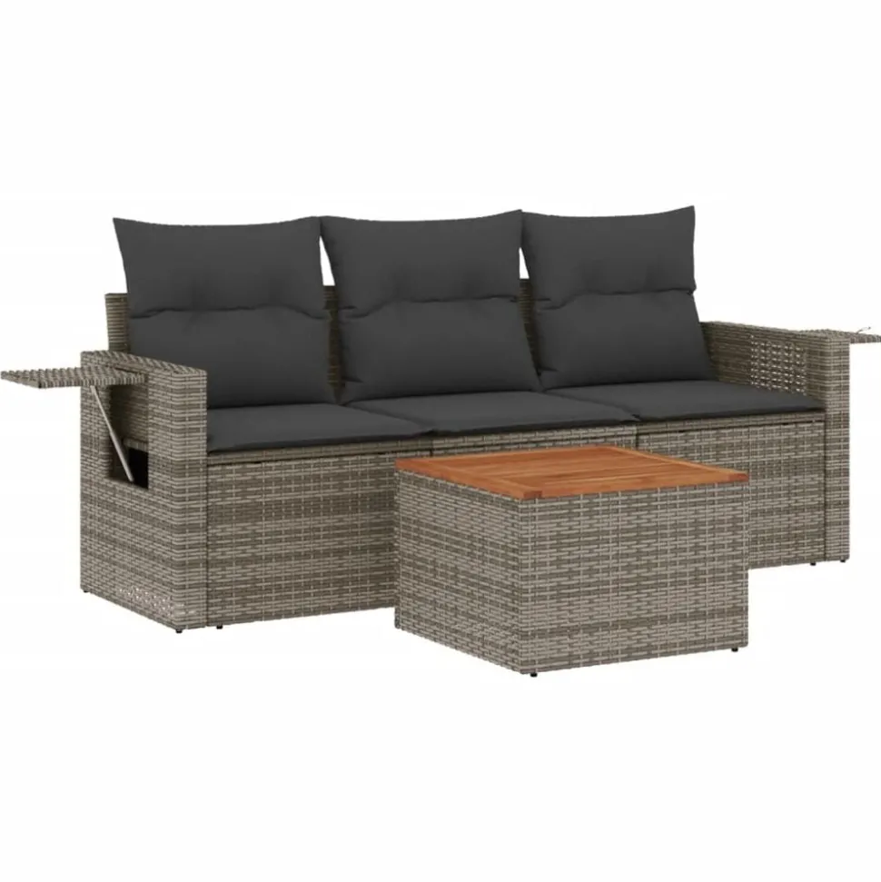 vidaXL 4-delige Loungeset met kussens poly rattan grijs
