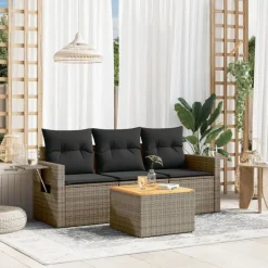 vidaXL 4-delige Loungeset met kussens poly rattan grijs