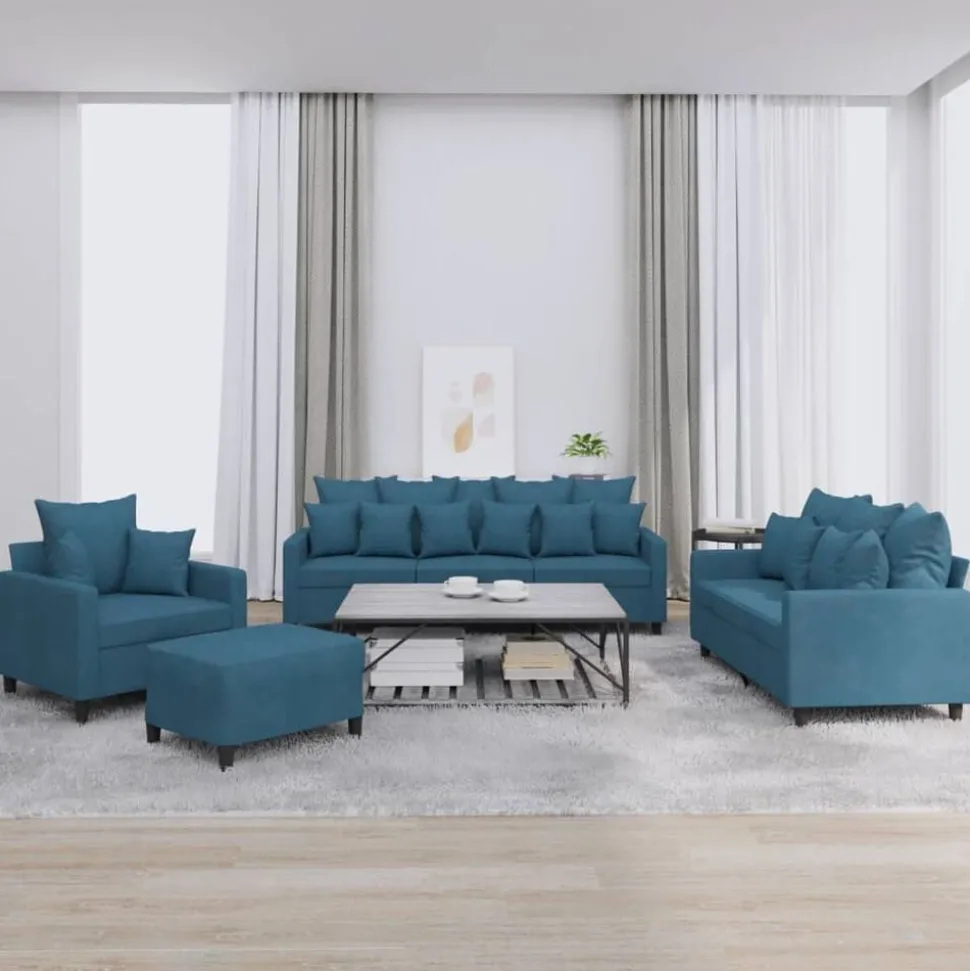 vidaXL 4-delige Loungeset met kussens fluweel blauw