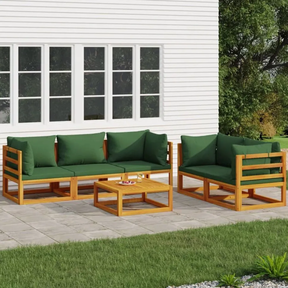 vidaXL 6-delige Loungeset met groene kussens massief hout