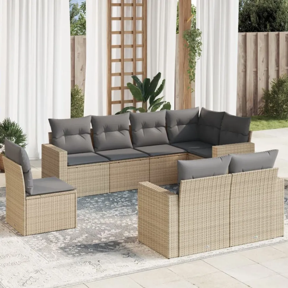 vidaXL 8-delige Loungeset met kussens poly rattan beige