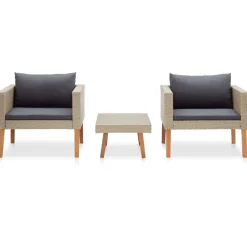 vidaXL 3-delige Loungeset met kussens poly rattan beige
