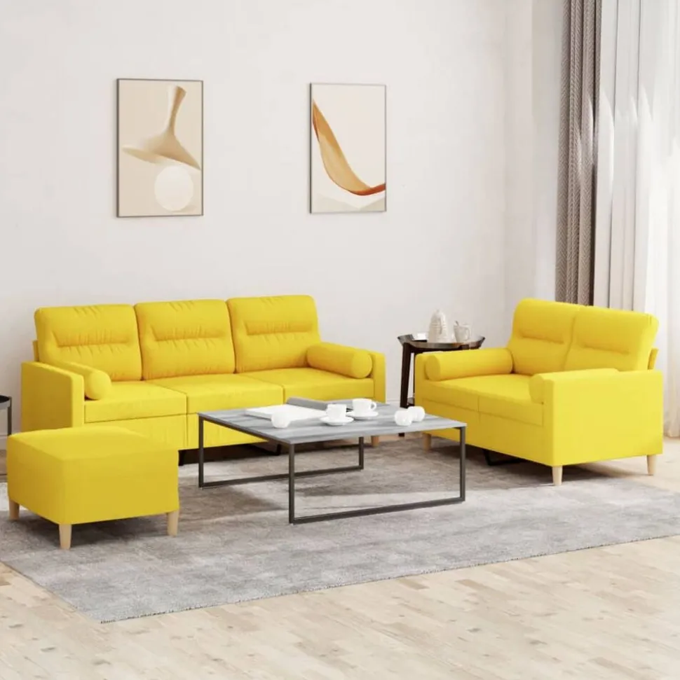 vidaXL 3-delige Loungeset met kussens stof lichtgeel