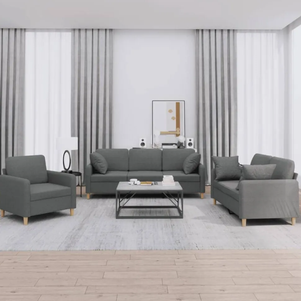 vidaXL 3-delige Loungeset met kussens stof donkergrijs