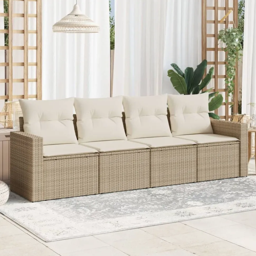 vidaXL 4-delige Loungeset met kussens poly rattan beige