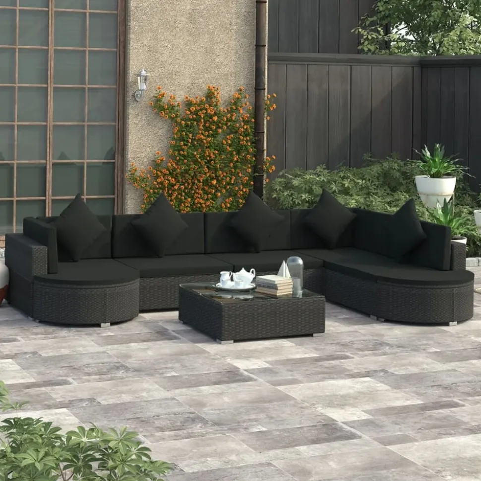 vidaXL 8-delige Loungeset met kussens poly rattan zwart
