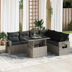vidaXL 7-delige Loungeset met kussens poly rattan grijs