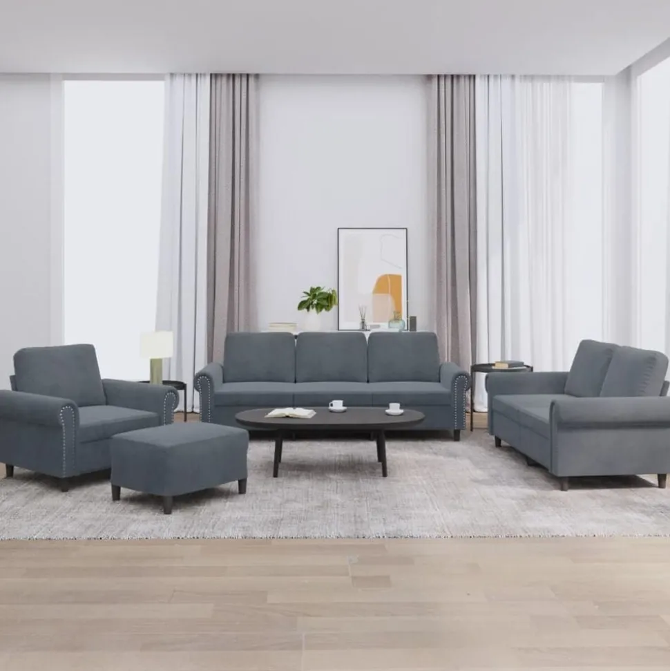 vidaXL 4-delige Loungeset met kussens fluweel donkergrijs