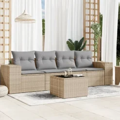 vidaXL 5-delige Loungeset met kussens poly rattan beige