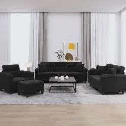 vidaXL 4-delige Loungeset met kussens microvezelstof zwart